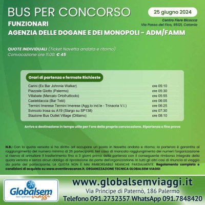 Bus per Catania Concorso Funzionari Agenzia delle Dogane dei Monopoli