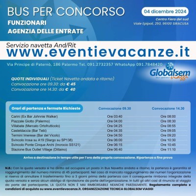 Bus per Siracusa Concorso Funzionari Agenzia delle Entrate 04 dicembre 2024