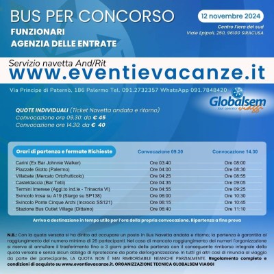 Bus per Siracusa Concorso Funzionari Agenzia delle Entrate 12 novembre 2024 