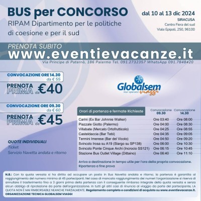 Bus per Siracusa Concorso RIPAM Coesione SUD 10-11-12-13 dicembre 2024