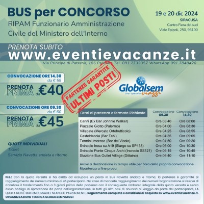 Bus per Siracusa Concorso RIPAM Funzionario Amministrazione Civile del Ministero dell''interno 19 e 20 dicembre 2024