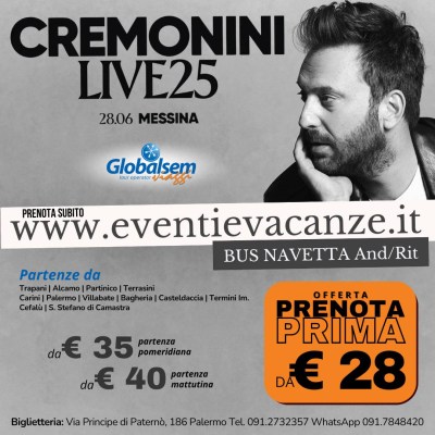 BUS per Cesare Cremonini da Palermo, Trapani e provincia in Concerto a Messina il 28 giugno 2025