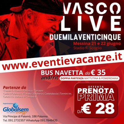 BUS per VASCO ROSSI da Palermo, Trapani, Agrigento, Caltanissetta e provincia in Concerto a Messina il 21 e 22 giugno 2025